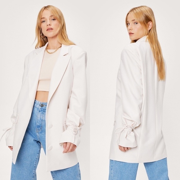 NWT Nasty Gal Tie Sleeve Oversized Blazer in Cream Size 2 - Picture 2 of 8